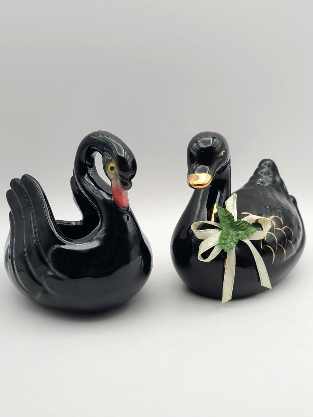 Vintage 1950s Maddux Black Swan Planter plus MCM Black Gold Swan Figurine